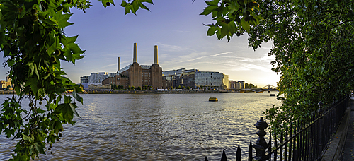 View of Battersea Power Station and river Thames during summer, Nine Elms, London, England, United Kingdom, Europe