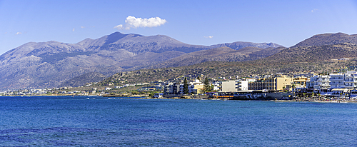 View of coastline and hotels in Limenas Chersonisou, Crete, Greek Islands, Greece, Europe