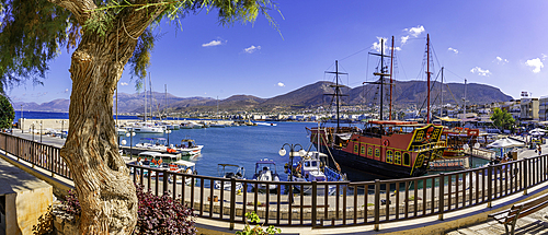 View of boats in Port of Hersonissos, Limenas Chersonisou, Crete, Greek Islands, Greece, Europe