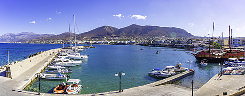 View of boats in Port of Hersonissos, Limenas Chersonisou, Crete, Greek Islands, Greece, Europe