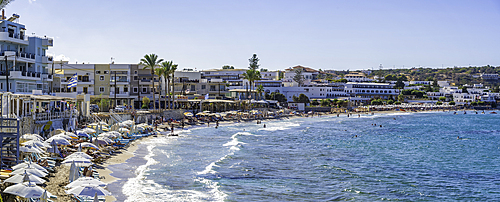 View of Akti Navarchou Nearchou Beach in Limenas Chersonisou, Crete, Greek Islands, Greece, Europe