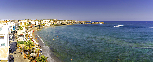 Elevatied view of coastline of Limenas Chersonisou, Limenas Chersonisou, Crete, Greek Islands, Greece, Europe