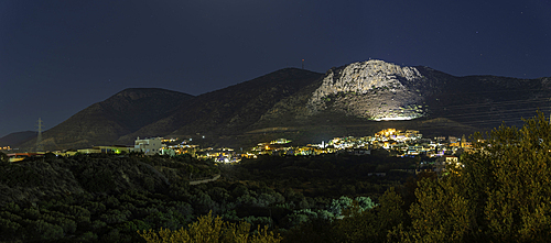 View of olive trees, mountains and Piskopiano village at night, Piskopiano, Crete, Greek Islands, Greece, Europe