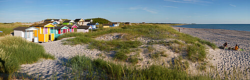 Colourful beach huts in sand dunes, Skanor Falsterbo, Falsterbo Peninsula, Skane, South Sweden, Sweden, Scandinavia, Europe