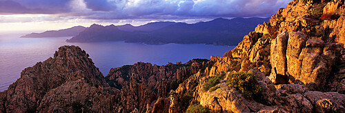 Calanques de Piana and view across the Gulf of Porto at sunset, Piana, Corsica, France, Mediterranean, Europe