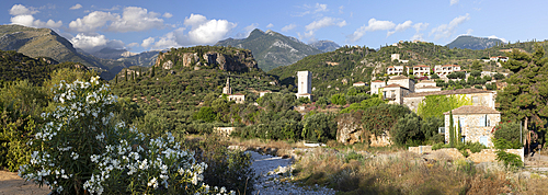 View of Kardamyli old town with Mourtzinos Tower and mountains, Kardamyli, Mani, Messenia, Peloponnese, Greece, Europe
