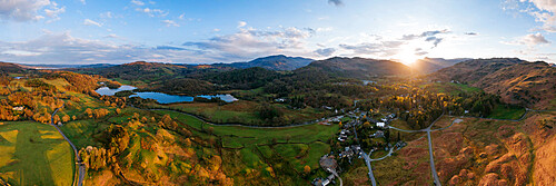 Aerial view of sunset over Elterwater, Lake District National Park, UNESCO World Heritage Site, Cumbria, England, United Kingdom, Europe