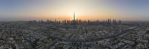 Aerial view of sunrise over Dubai, United Arab Emirates, Middle East