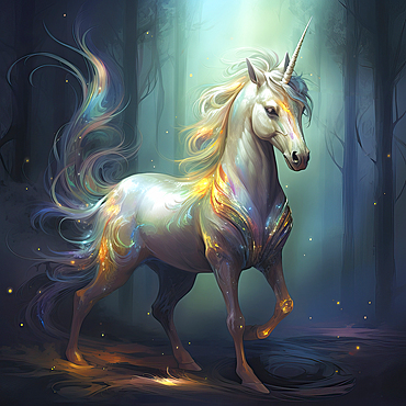 Legendary Unicorn with a single large, pointed and spiraling horn in a mystical environment, AI Generated