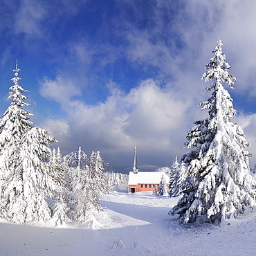 Winter landscape with church, Kandel Mountain, Black Forest, Baden-Wurttemberg, Germany, Europe