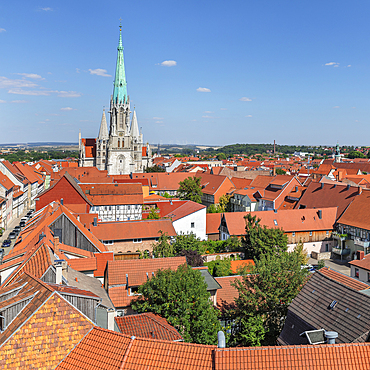 View from Raven Tower across the Old Town towards Church of St. Mary, Mühlhausen, Thuringia, Germany