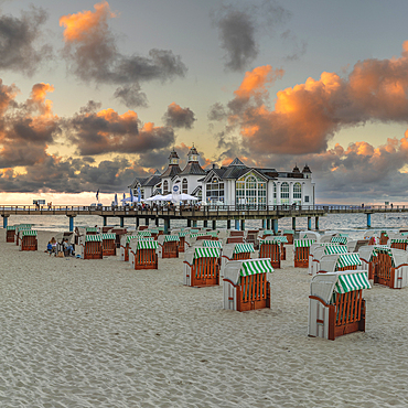 Pier and beach chairs on the beach of Sellin, Ruegen Island, Baltic Sea, Mecklenburg-Western Pomerania, Germany, Europe