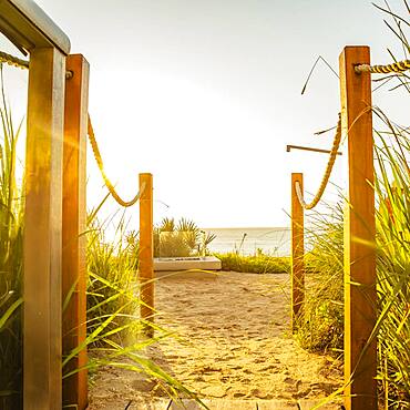 Walkway to beach under blue sky