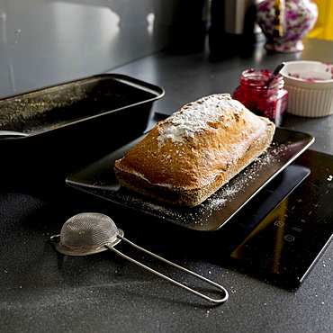 Powdered sugar on loaf of cake