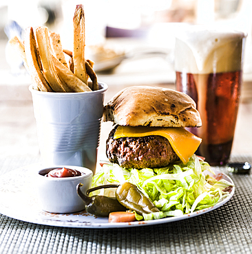 Hamburger, french fries and beer