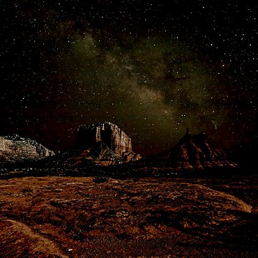 HDR composite of Bell Rock and Courthouse Butte under the Milky Way night Sky. Located in Sedona.