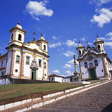 The churches of Sao Francisco and Nossa Senhora da Assuncao in the town of Mariana, Minas Gerais state, Brazil, South America