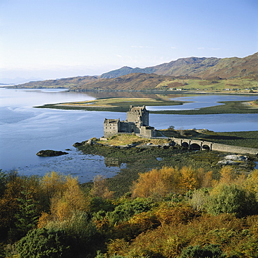 Scotland, Highlands, Eilean Donan Castle, elevated view