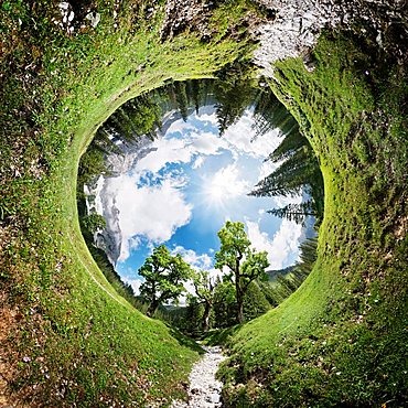 360° tunnel panorama of the Kleiner Ahornboden wooded area in the Karwendel, Tyrol, Austria, Europe