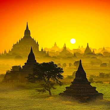 Photomontage, landscape with many pagodas in morning fog, sunrise, Plain of Bagan, Mandalay Division, Myanmar, Asia