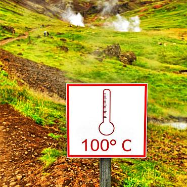 Shield, 100 degrees Celsius, warns of boiling hot water, geothermal area Reykjadalur, Hverageroi, Hveragerdi, Iceland, Europe