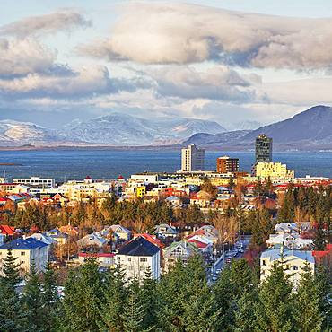 Cityscape, Reykjavik and Faxafloi Bay in the evening, Reykjavik, Iceland, Europe