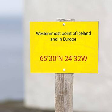 Shield, westernmost point of Iceland and Europe, with coordinates, Cape Bjargtangar, Latrabjarg, Vestfiroir Peninsula, Westfjords, Iceland, Europe