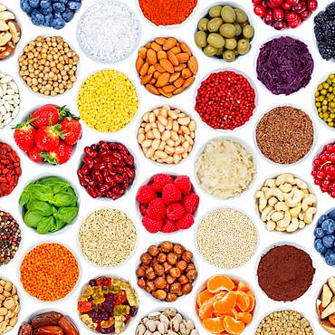 Fruits Berries Vegetables Collection Background Nuts From Top Square Free Plate Against A White Background