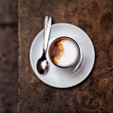 Cortado coffee, Spanish coffee speciality, espresso with milk foam, Barcelona, Spain, Europe