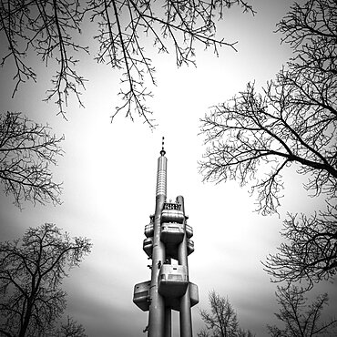 Black and white photo of Zizkovsky vysilac, the historic TV tower in Prague, Czech Republic, Europe