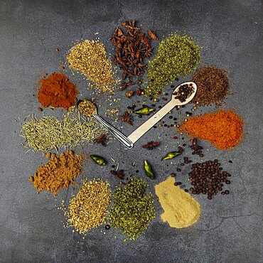 Spices, Clock, aniseed (Pimpinella anisum), black pepper (Piper nigrum), Paprika (Capsicum), common thyme (Thymus vulgaris), Parsley (Petroselinum crispum), Oregano (Origanum), Allspice (Pimenta dioica), Coriander (Coriandrum sativum), Food Photography