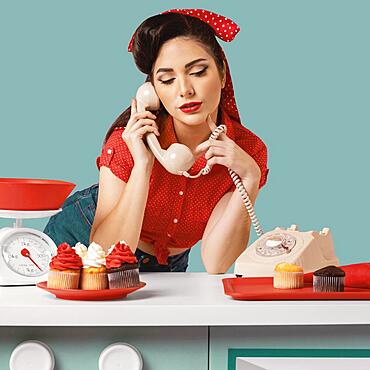 pinup girl posing kitchen