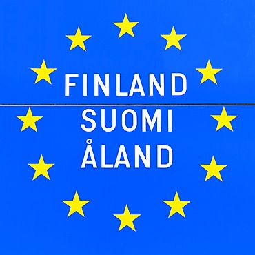 Blue sign with European stars at the border, European Union, inscription Finland, Suomi, Aland, Aland Islands, Alandinseln, Finland, Europe