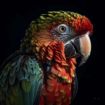 Blue-breasted Macaw (Ara ararauna), against black background, AI-generated