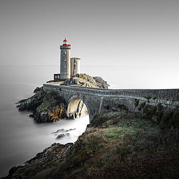 Minimalist long exposure at sunset at Phare de Petit Minou lighthouse on the coast of Brittany, France, Europe