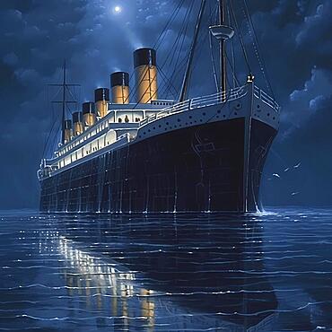 Journey of the Titanic in the Atlantic on a starry night and calm sea, AI generated