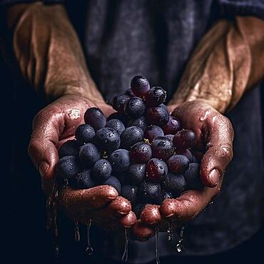 Vineyard farmer holds harvested wine in hands, AI generated