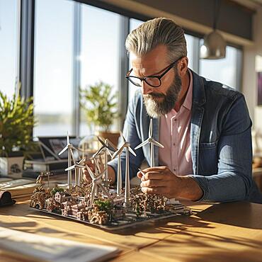 Architect, scientist develops a plan for a wind farm on a model landscape, ai generated