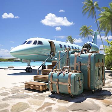 Luxury travel in private jet for super rich people, vacation suitcases stand in front of a private jet, ai generated