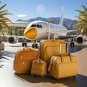 Luxury travel in private jet for super rich people, vacation suitcases stand in front of a private jet, ai generated