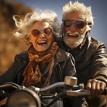 Pure joie de vivre, older couple, pensioners, drives laughing on an old motorcycle to enjoy life, ai generated