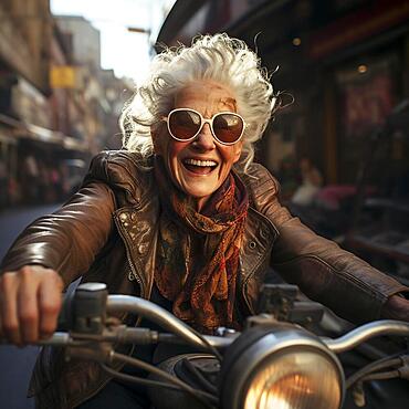 Pure joie de vivre, older woman, pensioner, grandmother, drives laughing on an old motorcycle to enjoy life, ai generates