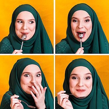 Set muslim woman s face expression white eating with spoon