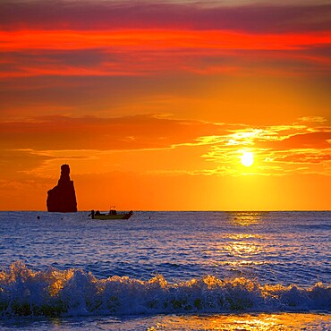 Ibiza Cala Benirras sunset beach in san Juan at Balearic Islands Spain