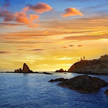 Almeria Cabo de Gata lighthouse sunset in Mediterranean sea of Spain