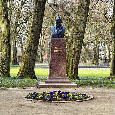 Monument to the writer Theodor Storm, bust by sculptor Adolf Brütt, crocus blossom, Husum Castle Park, Husum, North Frisia, Schleswig-Holstein, Germany