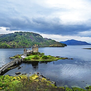 Eilean Donan Castle and Loch Duich from a drone, Isle of Skye, Highlands, Scotland, England, United Kingdom