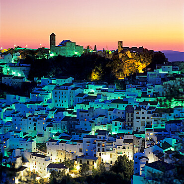 White Andalucian village at dusk, Casares, Andalucia, Spain, Europe