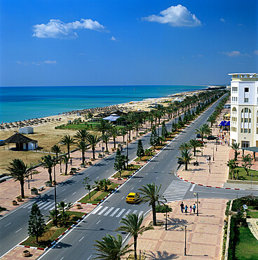 View along beach front from roof of Lella Baya Hotel, Yasmine Hammamet, Cap Bon, Tunisia, North Africa, Africa