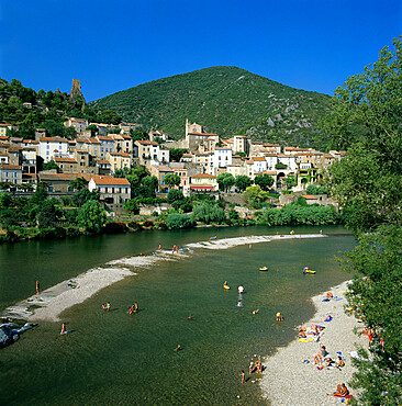 View over River Orb, Roquebrun, Languedoc-Roussillon, France, Europe